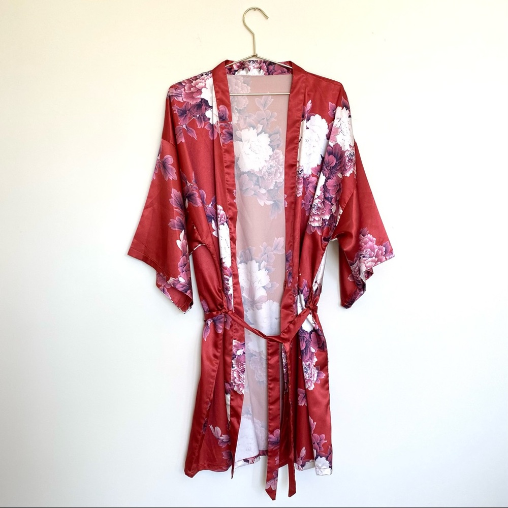OS Rust Orange Satin Floral Print Robe